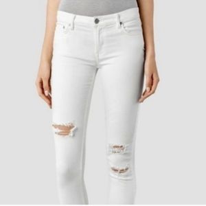 All Saints $178 White Skinny distressed ripped knee stretchy raw ankle Jeans